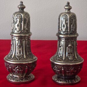 RARE, ANTIQUE, E.P. ANTIMONY, SILVER PLATED SALT N PEPPER SHAKERS!!!